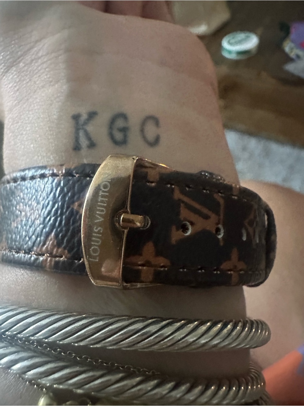 Source Unknown Gold Crystal Watch with Brown Monogram Strap & Gold LV Bracelet - Picture 13 of 15